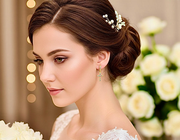 Gold cross earrings rainbow zircon hoop with dangle multi color cz for women girls weddings bridesmaid jewellery jewelry