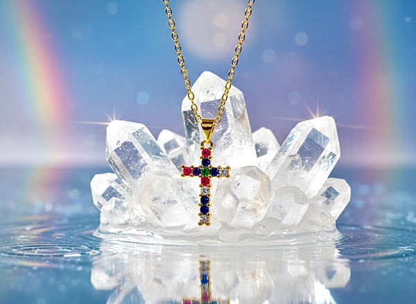Gold Cross Necklace Pendant with Multi Color inset Zircons CZ