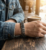 Heavy Silver Black Bracelet Cross Links for Mens Bangle Stainless Steel Engraved Boys Cuff Heavy Design Christian Jewelry Jewellery