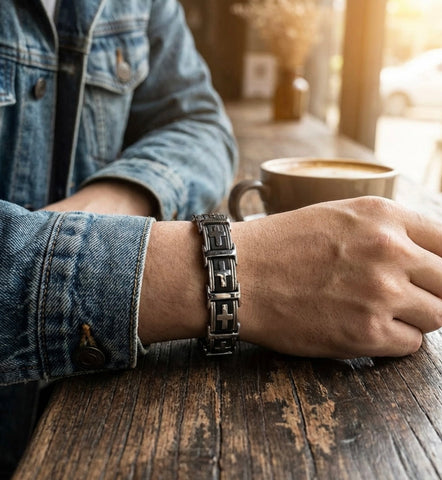 Heavy Silver Black Bracelet Cross Links for Mens Bangle Stainless Steel Engraved Boys Cuff Heavy Design Christian Jewelry Jewellery