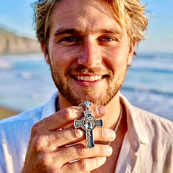 All Tin Crown of Thorns Profile Crucifix Necklace Gorgeous Full Size Jesus Face Cross Antiqued Finish Waterproof INRI Catholic Orthodox