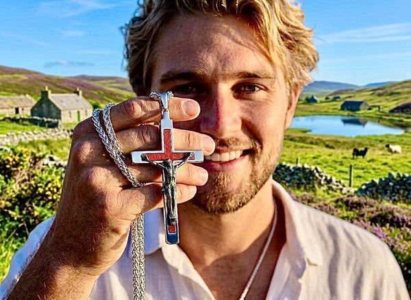 Behemoth wood inlayed crucifix cross necklace for men man women stainless steel large hypoallergenic cross 2