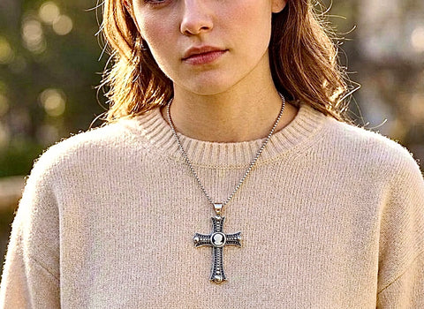 925 Mother of Pearl Cameo Cross Necklace Pure Solid Sterling Silver Carved Inlay Accent for Man Women Old World Box Chain Catholic Jesus