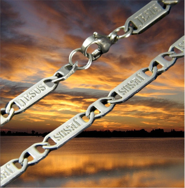 Set - Silver JESUS Chain Stamped Bracelet Necklace Waterproof Stainless Steel Jewelry for Men Woman Boys Girls Christian Cross of Jesus