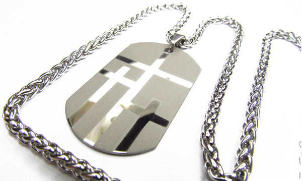 Silver Necklace for Men 3 Crosses Dog Tag Handmade Triple Cross of Calvary custom personalized Waterproof Stainless Steel Christian Jewelry