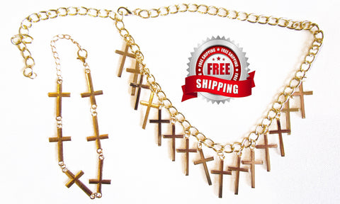 SET - gold 14 multi cross choker 2 piece necklace and bracelet cross bangle for woman girls christian cross of jesus jewellery jewelry