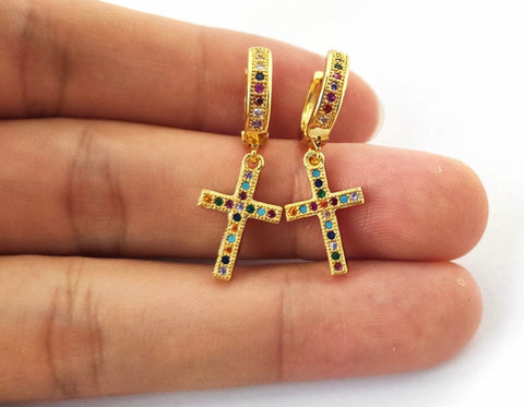 Gold cross earrings rainbow zircon hoop with dangle multi color cz for women girls weddings bridesmaid jewellery jewelry