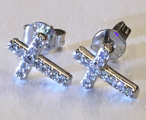 Sterling Silver Cross Earrings Stud Super Tiny Dainty Petite with Crystal Inlayed Zircon CZ Wedding for Girls jewelry bridesmaids jewellery