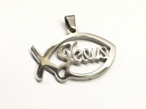 EDM cut Fish Jesus Cross Necklace Cut Jesus for Men Silver Polished Pendant Ichthus Ichthys Greek Fish Outline Jesus Jewelry Jewellery