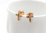 Dainty Gold Cross Earring with Multi Color inlayed Zircons