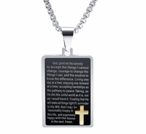 Heavy Black Full Serenity Prayer Necklace Dog Tag Inset Gold Cross with Chain Full Prayer Design Pendant for Mens Boys Christian Jewelry