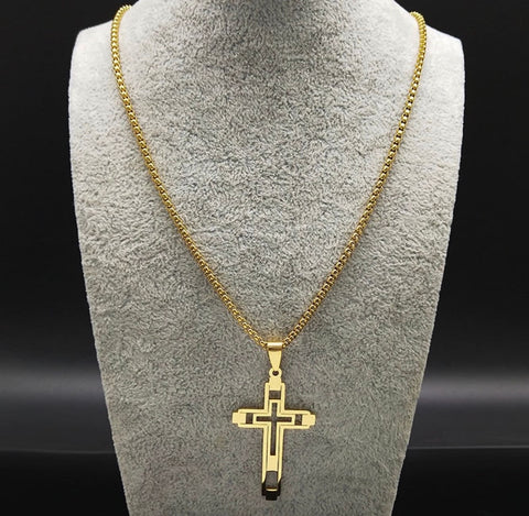 Multi Section Cross Necklace for Men Women Industrial Men Solid Stainless Steel Chain Silver Gold Waterproof Crucifix Jesus Jewelry