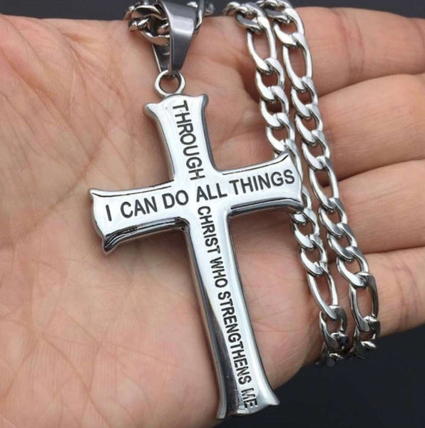 Large I can do all things Cross Waterproof Necklace Philippians 4:13 through Christ who strengthens me Pendant for men Stainless Steel