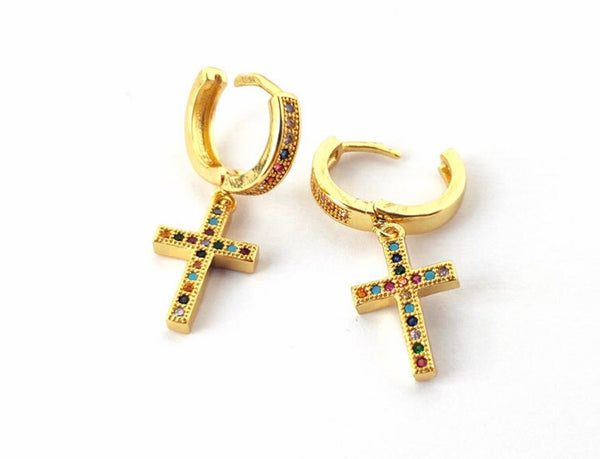 Gold cross earrings rainbow zircon hoop with dangle multi color cz for women girls weddings bridesmaid jewellery jewelry