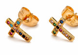 Dainty Gold Cross Earring with Multi Color inlayed Zircons