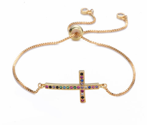 Gold Sideways Cross Bracelet Colorful cz zircon adjustable snake chain Horizontal Cross of Jesus bangles jewelry for women