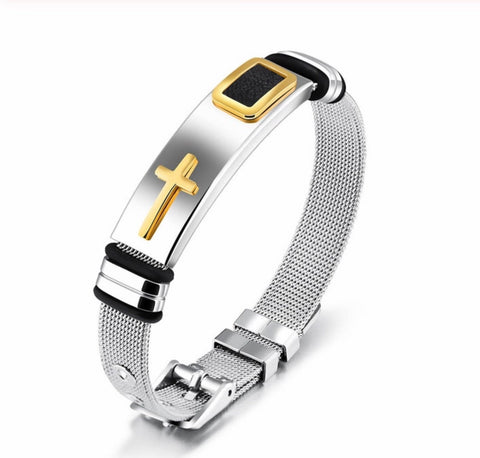 Silver mesh cross bracelet gold raised cross black for men bangle stainless steel engraved cuff heavy design christian jewelry jewellery