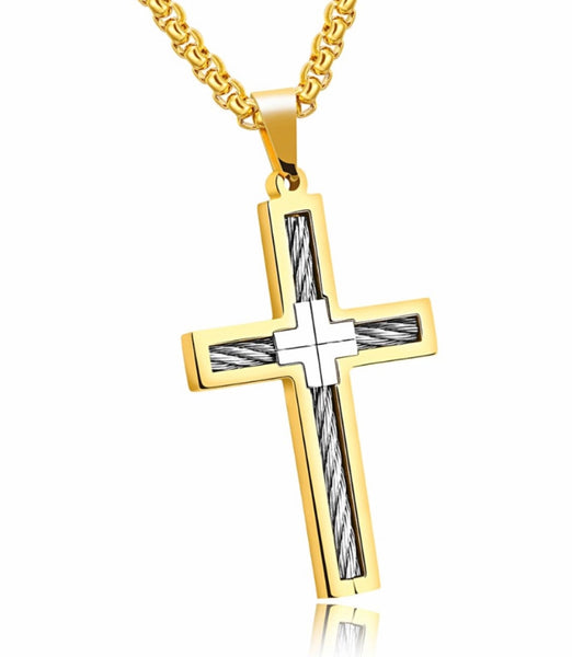 Cable Cross Necklace for Men Catholic Crucifix Stainless Steel 2 Color Waterproof Jewelry Super Round Edge Box Chain Jesus Jewelry Jewellery