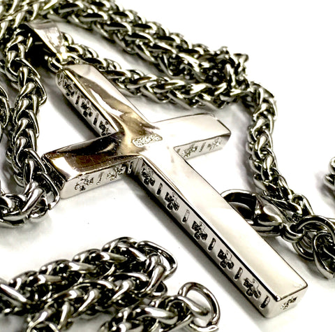 Solid Sterling Silver Cross S925 with Black Accent Stainless Steel Chain necklace for Men Women Old World Cross 2 Color Wheat Chain Jesus