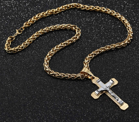 Cross Crucifix Necklace with Byzantine Chain in alll Stainless Steel Gothic Silver Gold Heavy Catholic Waterproof Jewelry Hip Hop Jesus