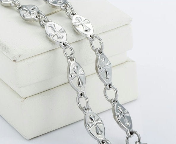 Set - Silver Chain Raised Cross Sideways Oval Link Necklace and Bracelet Fabulous Raised Horizontal Christ Hypoallergenic Waterproof Stainless Steel