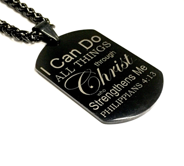 I can do all things Dog tag necklace for men Black Philippians 4:13 through christ who strengthens me Pendant Stainless Steel Chain Jewelry