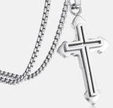 Shadow Box Cross Necklace in a Two Layer Silver or Gold Accent for Men Stainless Steel 2 Color Round Edge Box Chain Jesus