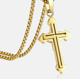 Shadow Box Cross Necklace in a Two Layer Silver or Gold Accent for Men Stainless Steel 2 Color Round Edge Box Chain Jesus