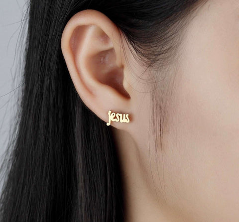 JESUS Earring for Girls Gold Lettering I Love Jesus Stud for Women Waterproof Hypoallergenic Stainless Steel Stud Elegant Womans Girls