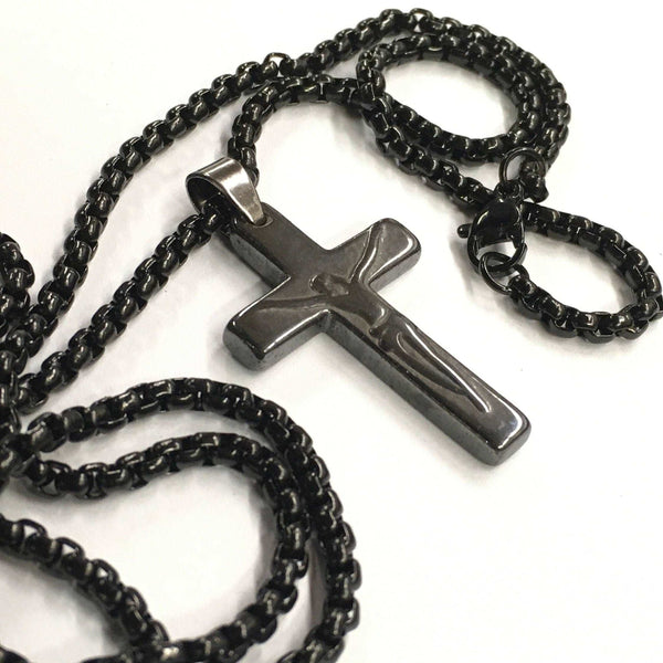 Black cross necklace obsidian hematite black mens ancient old world pendant waterproof stainless steel boys box chain crucifix man jewelry