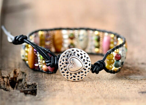 Natural Stone and wood beaded Bracelet Boho design with Leather button on closure