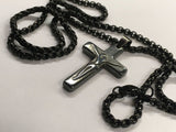 Black cross necklace obsidian hematite black mens ancient old world pendant waterproof stainless steel boys box chain crucifix man jewelry