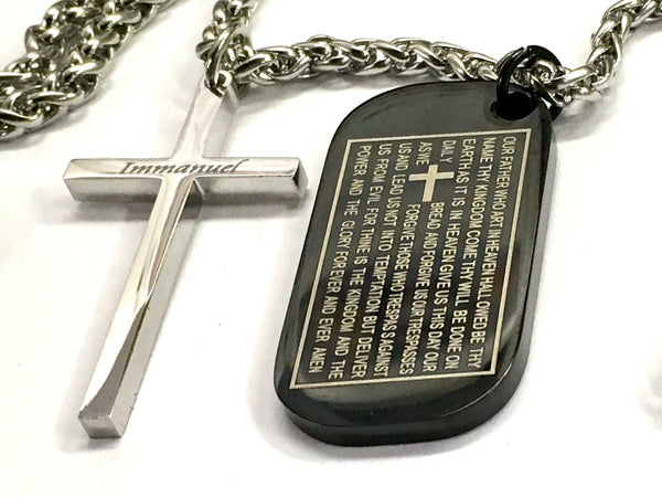 Immanuel Lords Prayer Necklace Dog Tag Our Father Cross Thick with Chain Exclusive Design Pendant for Mens Boys Christian Jewelry