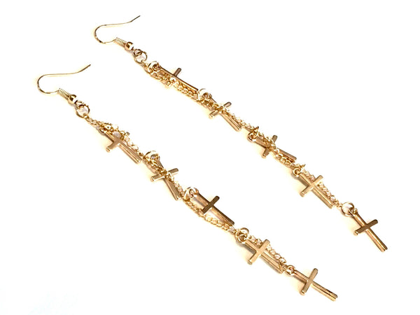 Gold Multi 5 Cross Earrings - Boho Chain Hippie Dangle Wedding