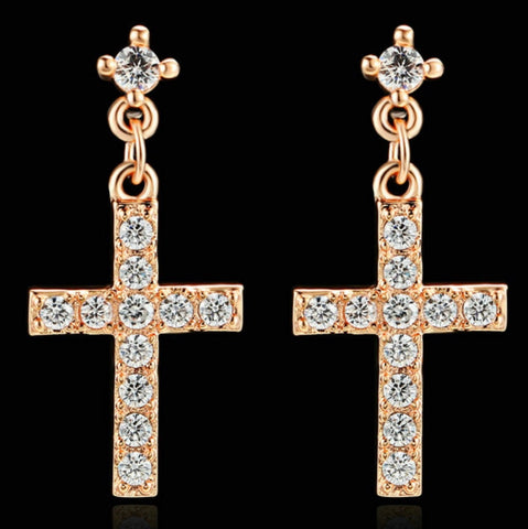 Silver Rose Gold CZ Cross Swag Bling Earrings Dainty Drop Dangle Studs Cast CZ Post Design Elegant Womens jewellery Girls jewelry jesus