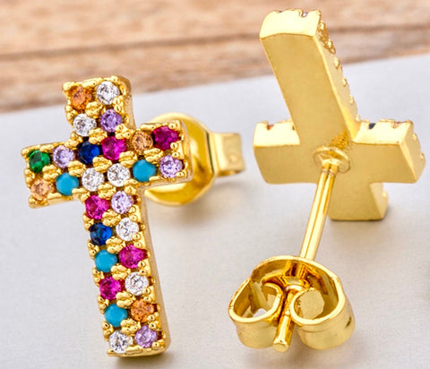 Multi Color CZ Gold Cross Earrings Weddings Bridesmaid Rainbow Stud Crosses for Women Girls jewellery jewelry