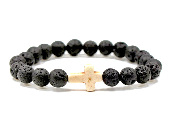 Black Volcanic Stone and Cross Bracelet perfect for Aromatherapy and Essential Oils Yoga Friendship