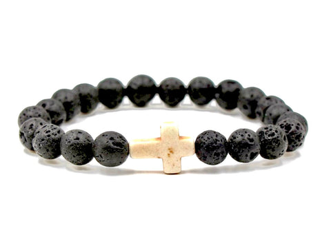 Black Volcanic Stone and Cross Bracelet perfect for Aromatherapy and Essential Oils Yoga Friendship