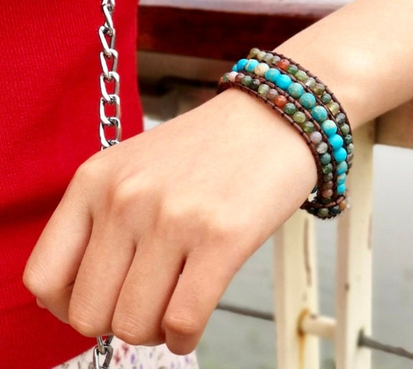 Round Natural Stone bead Bracelet with 3 Rows and a Leather button tie