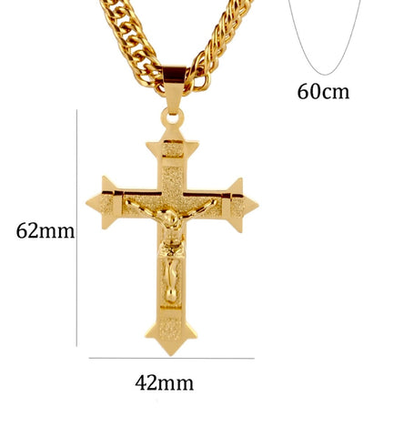 Massive gold crucifix orthodox cross waterproof necklace for men heavy catholic stainless steel curb chain jewelry for boys man hip hop