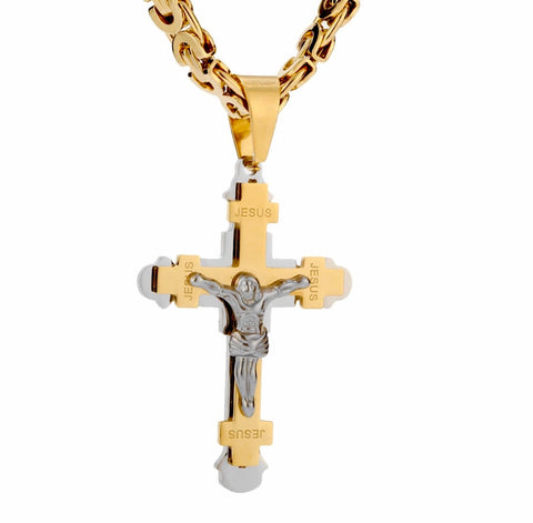 Large Stylish Crucifix Cross Heavy Mens Byzantine Necklace Waterproof Silver Gold Black Orthodox Crucifix Stainless Steel hip hop Christ