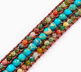 Round Natural Stone bead Bracelet with 3 Rows and a Leather button tie