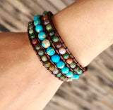 Round Natural Stone bead Bracelet with 3 Rows and a Leather button tie