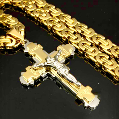 Large Stylish Crucifix Cross Heavy Mens Byzantine Necklace Waterproof Silver Gold Black Orthodox Crucifix Stainless Steel hip hop Christ