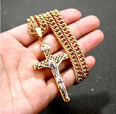 Large Crucifix Cross Necklace Orthodox Crucifix for Men Silver Gold Heavy Stainless Steel Curb hip hop Chain Jewelry Boys Cross of Jesus