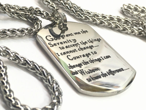 Serenity Prayer Necklace Inset Black Lettering Dog Tag Silver Gold Exclusive Design Pendant for Mens Boys Christian Jewelry Jewellery