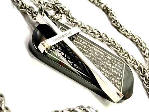 Immanuel Lords Prayer Necklace Dog Tag Our Father Cross Thick with Chain Exclusive Design Pendant for Mens Boys Christian Jewelry