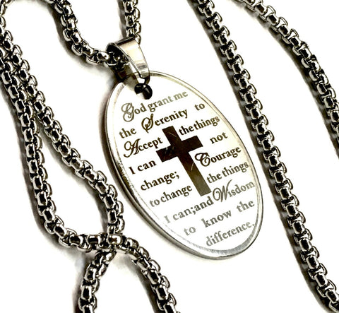 Serenity Prayer Necklace Etched Oval Silver Cross Necklace for Men Woman Stainless Steel Chain Cross of Christ Christian Jewelry