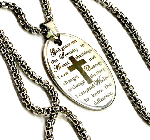 Serenity Prayer Necklace Etched Oval Silver Cross Necklace for Men Woman Stainless Steel Chain Cross of Christ Christian Jewelry