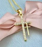 Double 2 Cross Necklace Gold My Redeemer Lives Two Crosses of Calvary CZ Pendant for Woman Zircon Jewelry